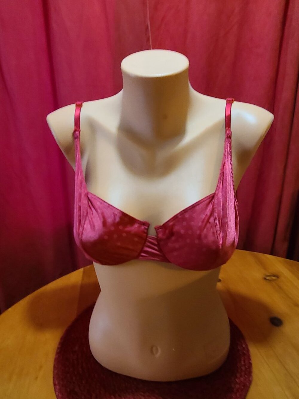 VTG Lily Of France 34C Bra 105496 Crimson Red Polka Dot Satin